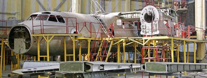 Airplane in hangar during maintenance