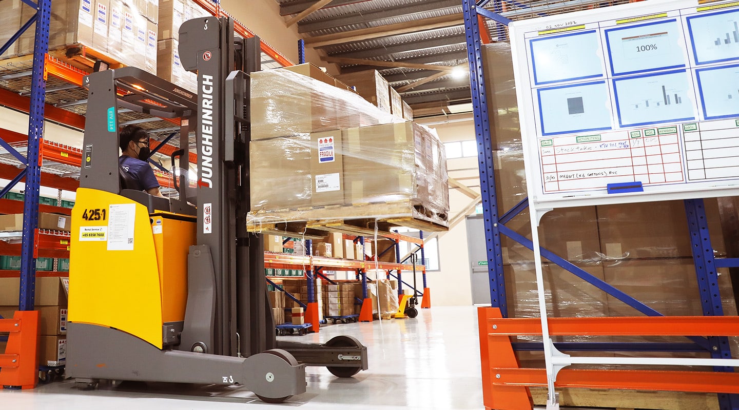 A forklift in a warehouse, carrying a pallet of shrink wrapped boxes, operated by a Proponent employee