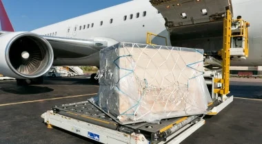 Cargo being loaded onto a plane, in netting