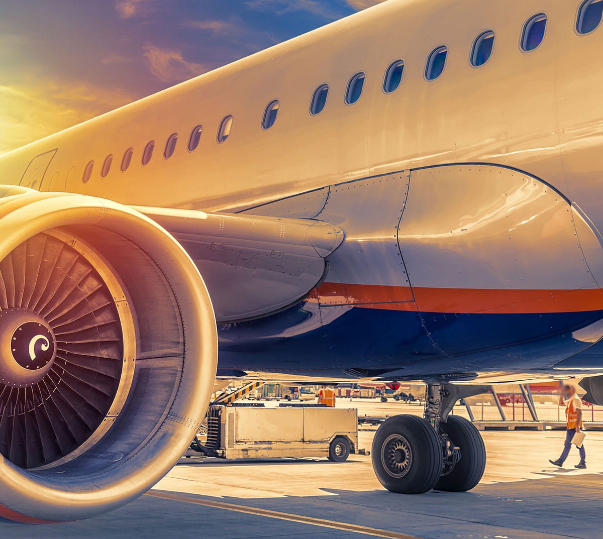 Side shot of a jet on the tarmac, with its left engine in view