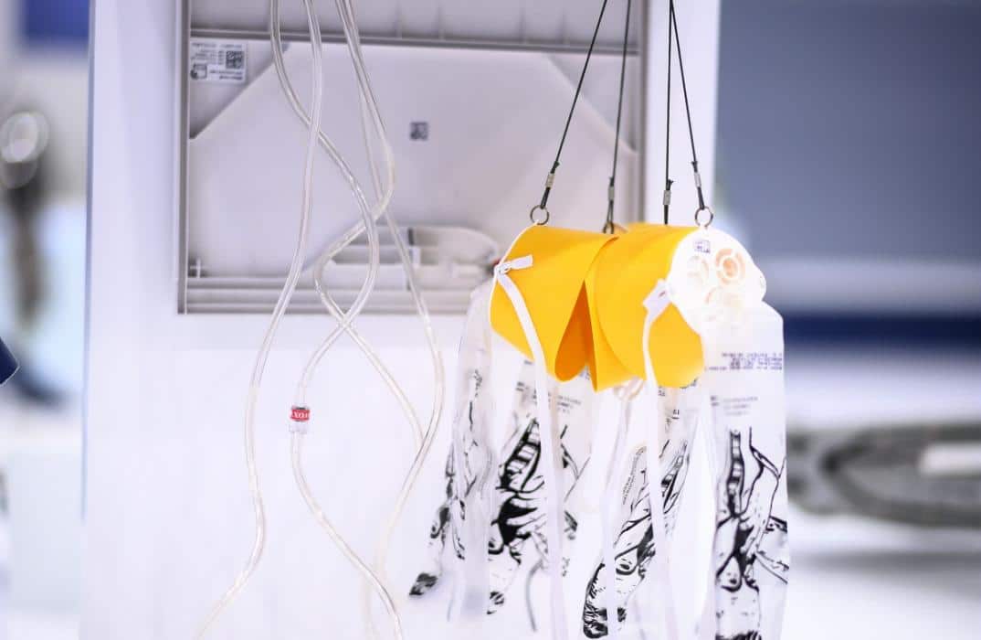 Aeroplane oxygen masks hang from overhead