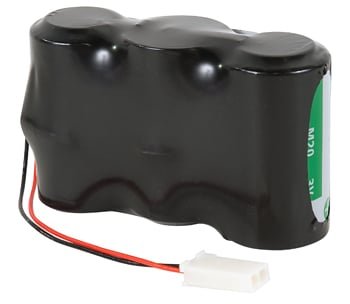 Battery pack wrapped in black shrink wrap, with a power connector hanging out the site