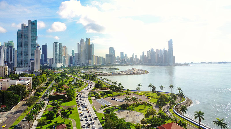 scenic photo of large city skyline with many skyscrapers along a lush green shoreline near body of water